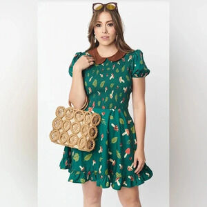 NWT Unique Vintage Smocked Peter Pan Collar Green Mushroom Print Dress